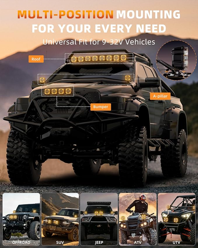 4 Inch LED Pods Off Road Lights, 90W 12000LM Amber Fog Lights with X DRL & Wiring Harness, IP67 Waterproof Spot Flood Combo for Trucks SUV ATV UTV - 2PCS