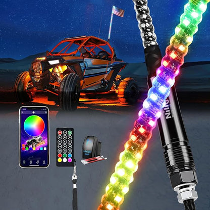 Nilight RGB Whip Light 1PC 5FT Lighted Antenna Whips with Remote & App Control DIY Chasing Patterns Brake Reverse Lights for ATV UTV Polaris RZR Can-am Dune Buggy Pickup Trucks Jeep