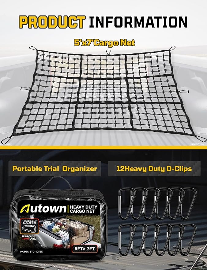 AUTOWN Cargo Net for Pickup Truck Bed - Stretchable 5' x 7' to 10' x 14' with 4" x 4" Mesh, Heavy Duty 10mm Cord Bungee Bed Netting with 12 Metal Carabiners - Ideal for ATV, SUV, UTV and Truck