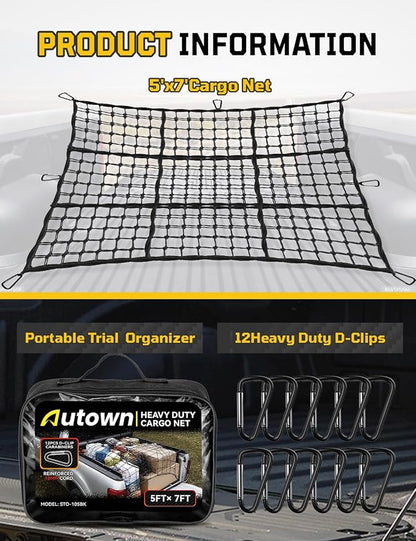AUTOWN Cargo Net for Pickup Truck Bed - Stretchable 5' x 7' to 10' x 14' with 4" x 4" Mesh, Heavy Duty 10mm Cord Bungee Bed Netting with 12 Metal Carabiners - Ideal for ATV, SUV, UTV and Truck