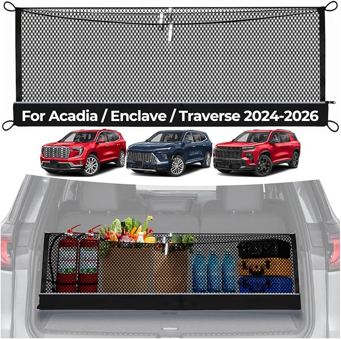 3-Layer Cargo Net for GMC Acadia/Buick Enclave/Chevrolet Traverse 2024-2026, Zoned Storage Trunk Net with Zippered Bottom Bag, Heavy-Duty Cargo Organizer Netting for Camping, Trips & Everyday Use