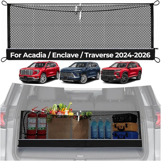3-Layer Cargo Net for GMC Acadia/Buick Enclave/Chevrolet Traverse 2024-2026, Zoned Storage Trunk Net with Zippered Bottom Bag, Heavy-Duty Cargo Organizer Netting for Camping, Trips & Everyday Use