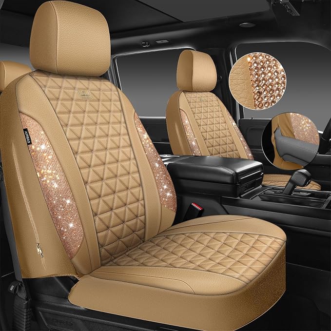 CAR PASS Bling Diamond Beige Leather Car Seat Covers Full Sets Interior Set, Waterproof Shining Glitter Sparkly Crystal Universal Armrest Fit for Automotive Truck SUV Cute Women Girl, Beige Rhinestone