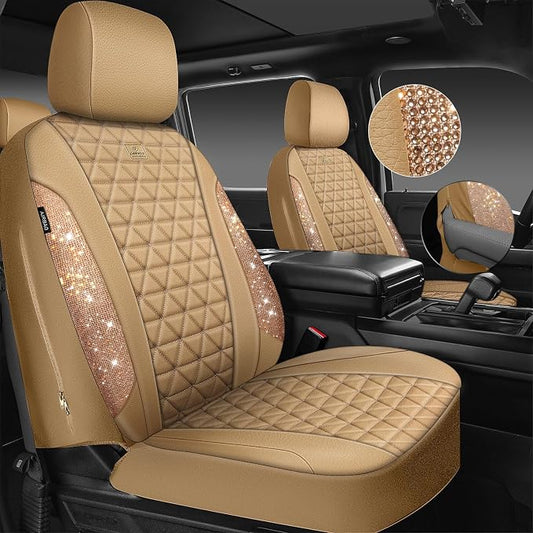 CAR PASS Bling Diamond Beige Leather Car Seat Covers Full Sets Interior Set, Waterproof Shining Glitter Sparkly Crystal Universal Armrest Fit for Automotive Truck SUV Cute Women Girl, Beige Rhinestone