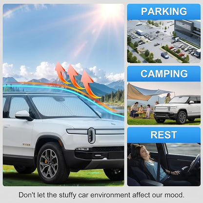 Custom Fit Windshield Sun Shade for Rivian R1S / R1T 2022-2026 | Custom Fit Windshield Cover, Blocks UV Rays, Double-Layer Heat Shield, Durable Frame, Easy Fold & Storage