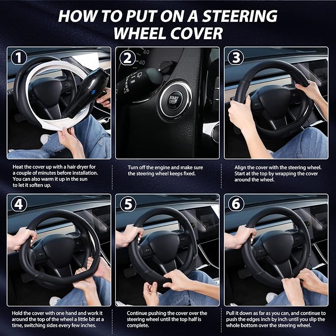 SEG Direct Flat Bottom Steering Wheel Cover, D Shaped Car Wheel Cover 14-14 1/4 in. (35.5-36 cm), for Tesla Model 3 / Y, for Camaro, Black Microfiber Leather