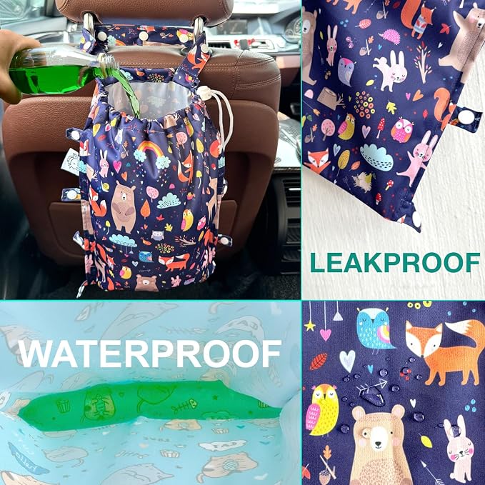 Leak-Proof Waterproof Car Trash Bag Foldable Multipurpose Trash bin Container Storage Cute Grocery Organizer Bag for Automotive Front or Back Seat in Cars SUVs and Trucks (Jungle Animals)