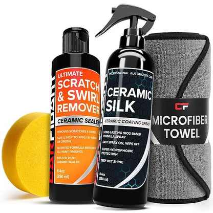 Carfidant Scratch & Swirl Remover with Ceramic Silk – Car Scratch Remover for Vehicles Paint Repair with Ceramic Coating Spray – Polishing & Washing Kits with Applicator Pad & Microfiber Towel