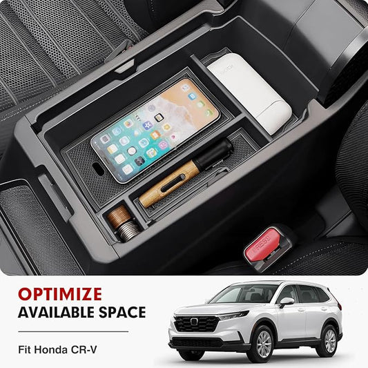 Autorder Center Console Organizer for 2023-2026 Honda CRV Accessories - Armrest Storage Box Middle Console Tray Container with Black & Red Non-Slip Silicone Mats