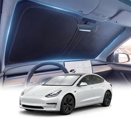 DMJN Front Windshield Sun Shade for Tesla New Model Y, Y & 3 (2017-2026), [Nano Ice-Crystal Coatings] UPF50+ Heat & UV Block, Protect Car Interior & Keep Cool, Flodable Steel-Ring Car Cover for Summer
