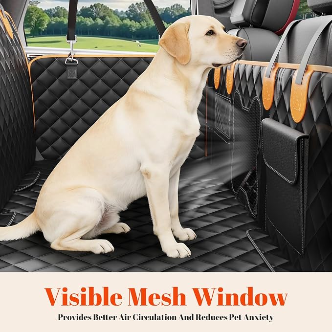 Back Seat Extender for Dogs - Anti-Scratch & Waterproof Backseat Protector, 600D Upgraded Material Pet Hammock with Mesh Window, Easy to Clean Dog Bed for Car, SUV, Truck,Orange