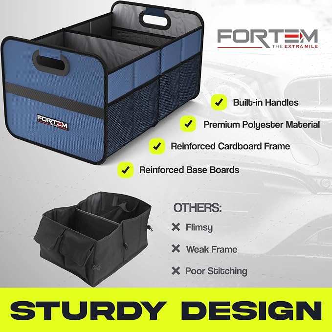 FORTEM Car Trunk Organizer, Collapsible Two Compartment Organizer, Foldable SUV & Truck Storage for Car Accessories for Women Men, Non Slip Bottom, Sturdy Side Walls, Strong Handles, 45L