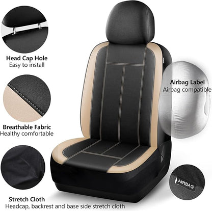 HChengkikz Car Seat Covers Front Seat, Waterproof Neoprene Seat Covers, Car Seat Cover Airbag Compatible, Universal Automotive Comfort for Most Cars, Trucks, SUVs (Black + Beige)
