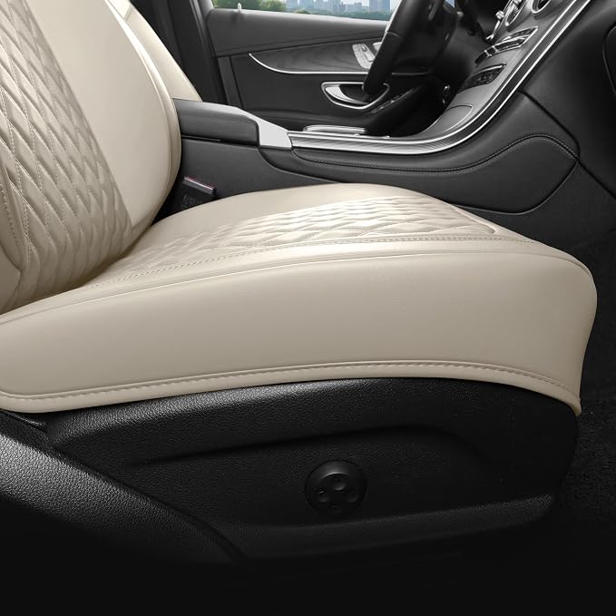 Beige Car Seat Covers Set of 2,Universal Precision Fit Contoured Thick Nappa Leather Full Coverage Seat Protector, Stain Resistant & Non-Slip Automotive Cushion for Most Sedans, SUVs and Trucks Style1