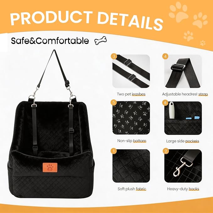 Dog Booster Car Seat for Small to Medium Dogs Up to 35 lbs, Elevated Pet Car Seat with 2 Safety Belts, Detachable Washable Cover, Non-Slip Stable Base, Front/Back Seat Travel Booster