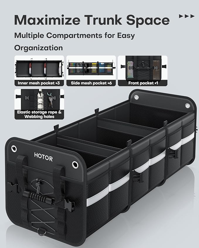 HOTOR Trunk Organizer for SUV – Car Storage Box with Reflective Strips, Collapsible Car Organizer with Large Capacity, Essential Car Accessories for Truck, Van & Sedan, Black, 33.1" x 13.0" x 12.0"