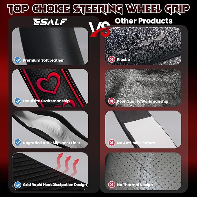 Ventilated Heart-Shaped Steering Wheel Cover with Anti-Slip Leather Grip. Compatible with Ford, Toyota, Honda, Nissan, and Chevrolet Vehicles for 14.5-15.2 inch Round Steering Wheels.