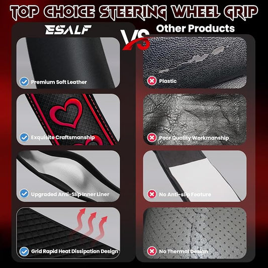 Ventilated Heart-Shaped Steering Wheel Cover with Anti-Slip Leather Grip. Compatible with Ford, Toyota, Honda, Nissan, and Chevrolet Vehicles for 14.5-15.2 inch Round Steering Wheels.