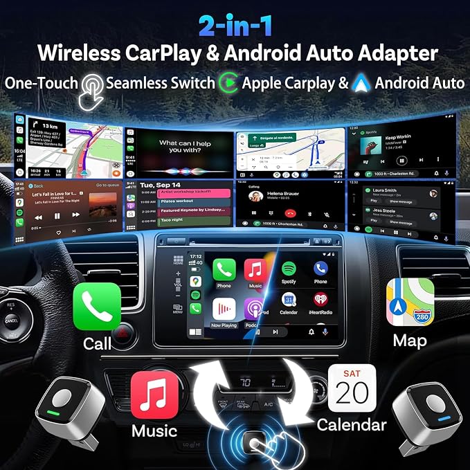 Mini Wireless CarPlay Adapter for iPhone & Android Auto 2026 Upgrade 2-in-1, Wired to Wireless Carplay, One-Touch Switch, Fast & Stable Connection, Plug & Play, for iOS 10+ & Android 11+, Cars 2016+