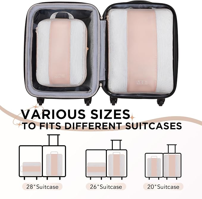OlarHike 2 Set Compression Packing Cubes for Travel Essentials,Compressible Expandable Space Saver Bags for Organizing Clothes,Luggage Suitcase Garment Bags with Over 1000 pcs Mesh Holes(Beige)