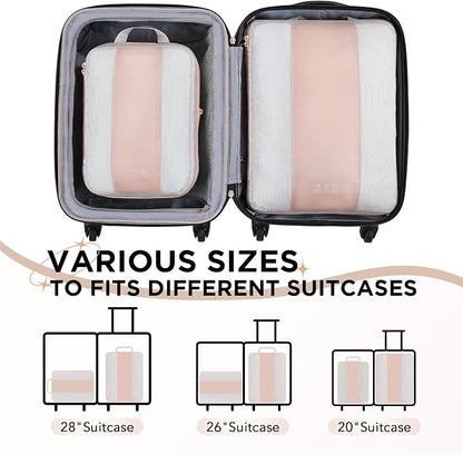 OlarHike 2 Set Compression Packing Cubes for Travel Essentials,Compressible Expandable Space Saver Bags for Organizing Clothes,Luggage Suitcase Garment Bags with Over 1000 pcs Mesh Holes(Beige)