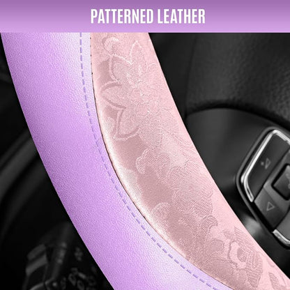 PIC AUTO Steering Wheel Cover, Pink Patterned & Light Purple Leather Patchwork Design, Universal Fit 14.5"–15.5", Anti-Slip, Soft PU Grain Leather, Durable Grip Car Accessory for Girls & Women