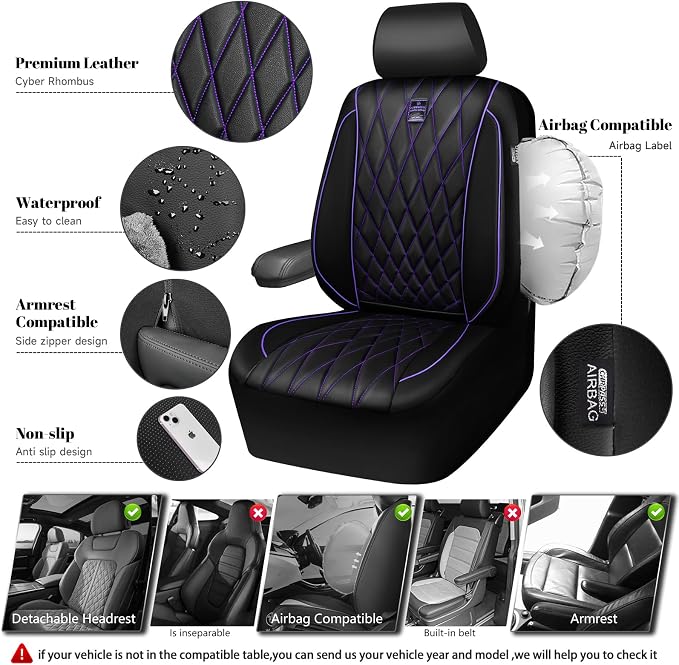 CAR PASS Piping Luxury Faux Leather Two Front Car Seat Covers, Waterproof Anti Slip Premium Automotive Seat Covers,Universal Fit for Suvs,Vans,Trucks, Armrest Airbag Compatible (Black and Purple)