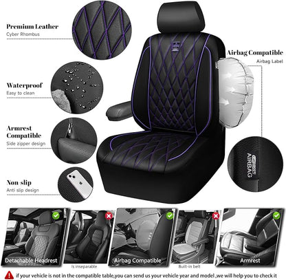 CAR PASS Piping Luxury Faux Leather Two Front Car Seat Covers, Waterproof Anti Slip Premium Automotive Seat Covers,Universal Fit for Suvs,Vans,Trucks, Armrest Airbag Compatible (Black and Purple)