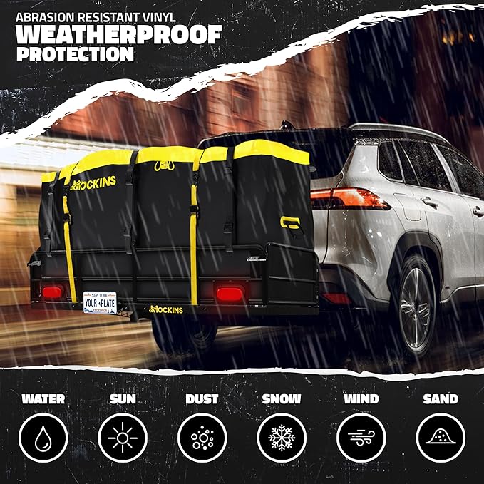 Mockins 60"x24"x14" High Rail Car Trailer Hitch Cargo Carrier w/Rear Lights, Plate Bracket & 30 CuFt Waterproof Hitch Cargo Bag | 500 Lbs. Cap Weatherproof Folding Luggage Rack for SUV Car Truck & RV