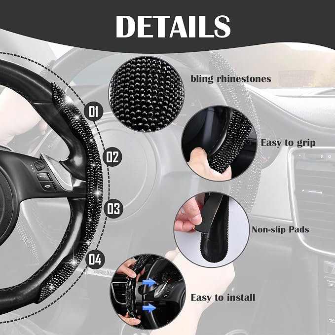 CAR PASS 2PCS Bling Diamond Segmented Steering Wheel Cover with Crystal Rhinestones, Wheel Protector Non-Slip Cute Car Accessories Universal Fit D-Shape O-Shape 14.5" to 16" for Women, Black Diamond