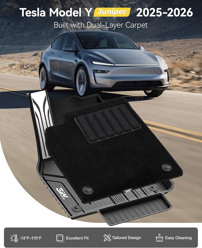 3W Tesla Model Y Juniper Floor Mats with Carpets, Metal Pedal, Double Layer, All Weather TPE Waterproof Custom Fit Automotive Car Floor Liners, Vigormold™