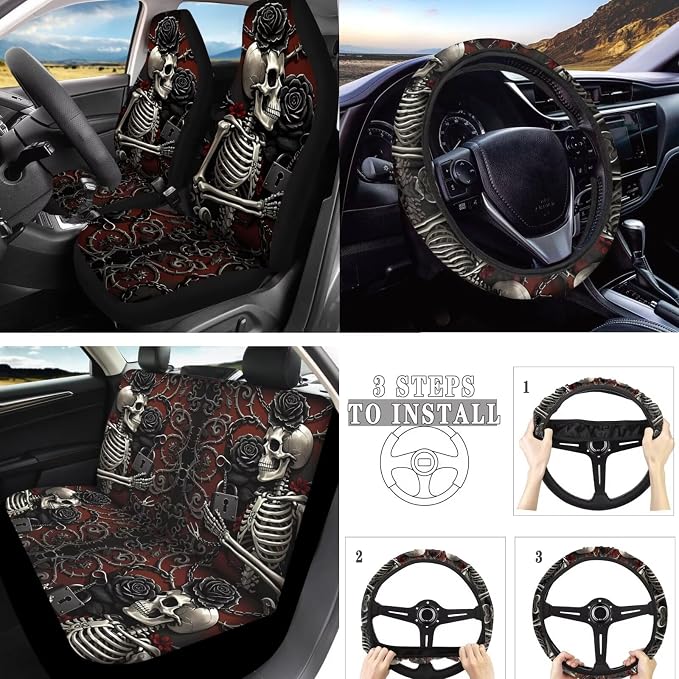 Gothic Skeleton Car Seat Cover Set of 10, Rose Skeleton Lock Rear Front Seat Protector Car Interior Cover, Horror Halloween Skull Elastic Safety Belt Coaster Keychain
