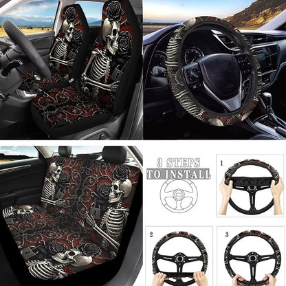 Gothic Skeleton Car Seat Cover Set of 10, Rose Skeleton Lock Rear Front Seat Protector Car Interior Cover, Horror Halloween Skull Elastic Safety Belt Coaster Keychain
