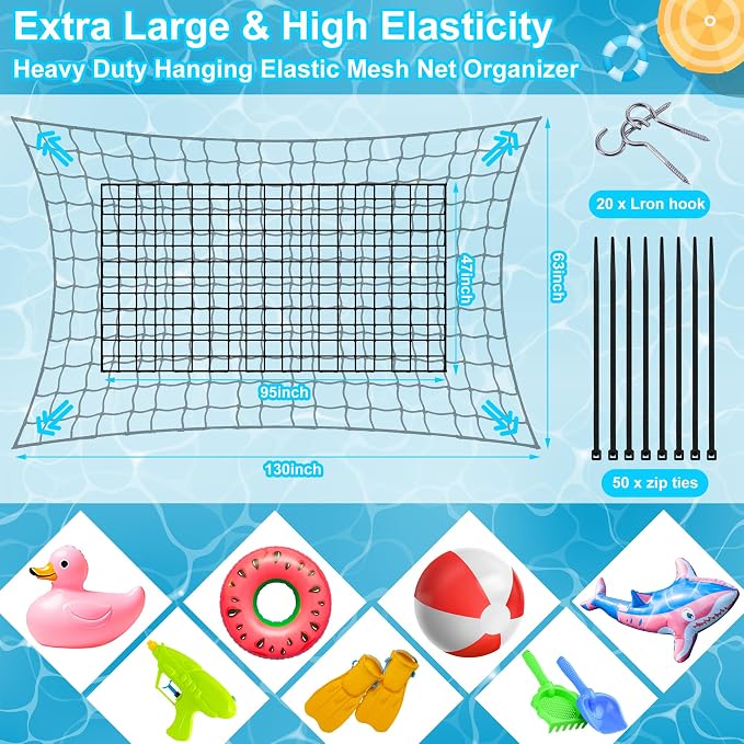 Extra Large Pool Toy Float Storage Net, 95×47'' Heavy Duty Hanging Elastic Mesh Net Organizer with 20 Hooks, 50 Cable Ties, Swimming Poolside Fence Toys Holder for Inflatable Rafts Pool Noodles Balls