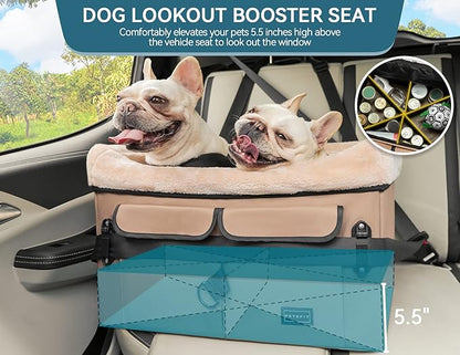 Petsfit Dog Booster Car Seat for Medium Dog or 2 Small Dogs with Patent Buckles, Washable Pad, Upgraded Pet Car Seat for Dogs Up to 45 lbs (Medium, Tan)
