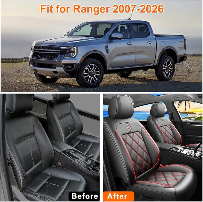 Ranger Car Seat Covers Custom Fit for Ford Ranger 2019-2026, Full Coverage Leather Waterproof Breathable Seat Covers, Automotive Seat Protectors, Airbag Compatible(2 Front Seats, Black & Red)