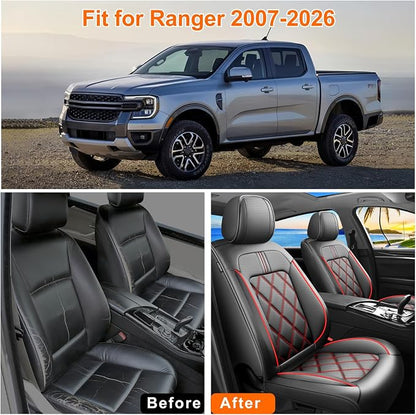 Ranger Car Seat Covers Custom Fit for Ford Ranger 2019-2026 Full Coverage Leather Waterproof Breathable Seat Covers Full Set, Automotive Seat Protectors, Airbag Compatible(5 Seats, Black & Red)