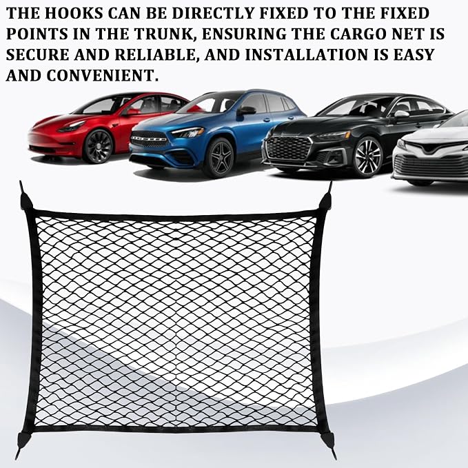 Elastic Cargo Net for SUV Trucks, Ceiling Cargo Net, Adjustable Trunk Mesh Net Organizer 32" X 24" Stretch to 63"X43" with Hooks, Universal Car Rear Trunk Bed Netting Storage Accessories（Black）