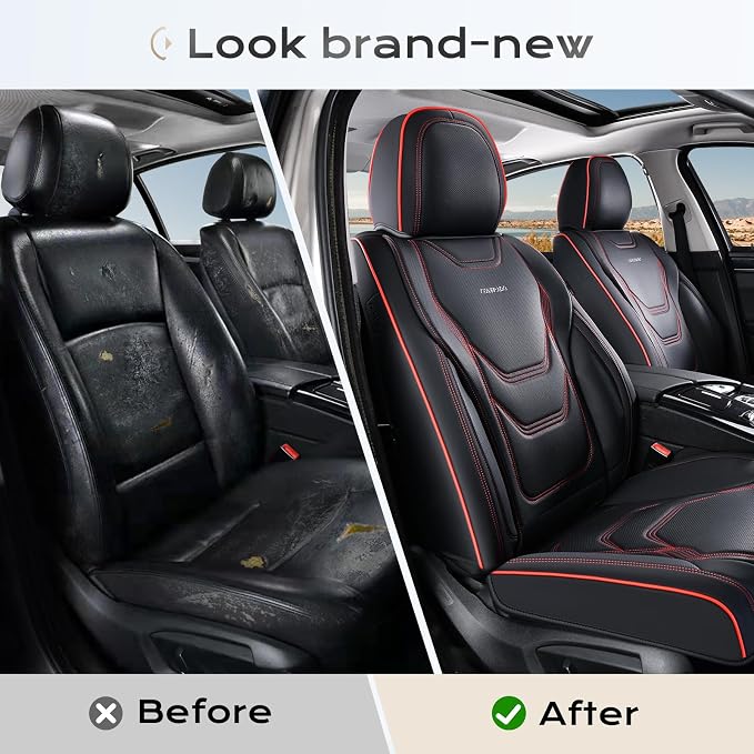Coverado Car Seat Covers Full Sets, 5 Piece Car Seat Protector Waterproof Leather Seat Cushion Universal Fit for Truck Automotive Vehicles Black&Red