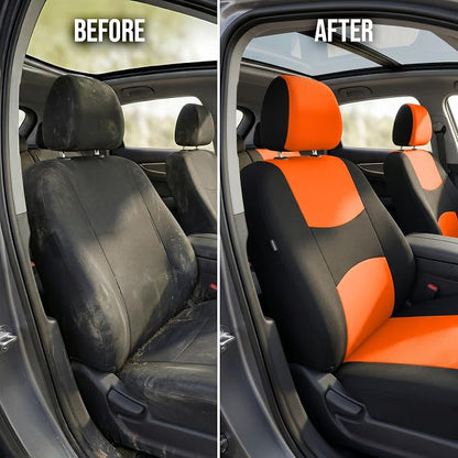 FH Group Bright Flat Cloth Full Set Automotive Seat Covers Front Set and Rear Solid Bench Orange Black Seat Covers w. Gift Universal Fit Interior Accessories for Cars Trucks and SUVs