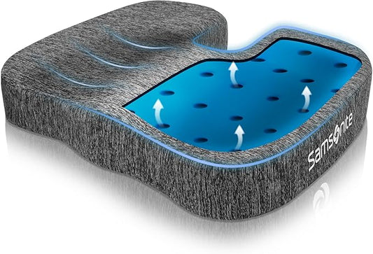 Samsonite Gel Infused Seat Cushion – Ergonomic Cushion for Office Chair, Tailbone Pressure Pad, Coccyx Support for Sciatica, Memory Foam Seat for Car, Desk, or Gaming Chair Use, Grey