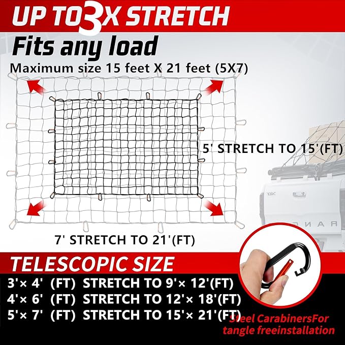 Heavy Duty Cargo Net for Pickup Truck Bed - Stretches from 5' x 7' to 15' x 21' - 12 Metal Carabiners - Compatible with Ford, Dodge RAM, Chevy, Toyota - Ideal for (Black, 5X7 Feet)