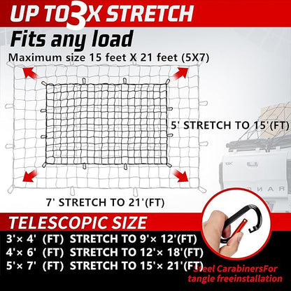 Heavy Duty Cargo Net for Pickup Truck Bed - Stretches from 5' x 7' to 15' x 21' - 12 Metal Carabiners - Compatible with Ford, Dodge RAM, Chevy, Toyota - Ideal for (Black, 5X7 Feet)