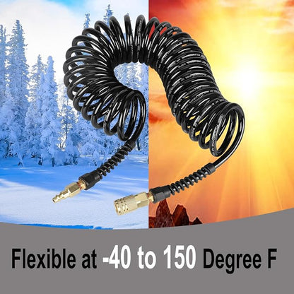 Keepro Polyurethane Recoil Air Hose, 1/4 Inch ID By 50 Feet Long Air Compressor Hose with Repairable Solid Brass 1/4" Industrial Quick Coupler and Plug, 145 PSI Maximum Pressure, Black