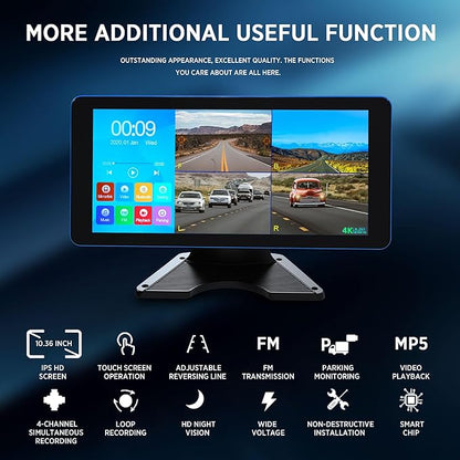 4K Backup Camera 4CH Dash Cam 10.36" Quad Split Touch Screen & 4 AHD Front Rear Sides View Camera w/DVR Recording Music Video Playback Avoid Blind for RV Semi Trailer Truck Van