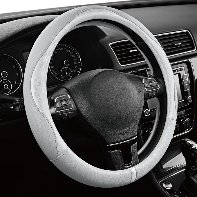 PIC AUTO Steering Wheel Cover, Silver Patterned Leather Patchwork Design, Universal Fit 14.5"–15.5", Anti-Slip, Odor-Free, Soft PU Grain Leather, Durable Grip Car Accessory for Girls & Women
