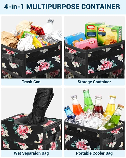 Capolo Car Trash Can with Lid, Leakproof Car Trash Bag Hanging Waterproof Automotive Garbage Can with Storage Pockets Mini Vehicle Trash Bin for Back/Front Seat(Flower,2.5 Gallon)