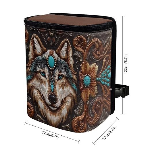 Talayituse Vintage Brown Wolf Print Car Trash Bin, Large Size Auto Trash Can Adjustable Portable Garbage Can with Lid, Vehicle Hanging Bag for Headrest Front Back Seat