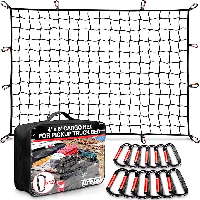 Cargo Net for Pickup Truck Bed (4'x6' Stretches to 8'x12') Double Thick Heavy Duty Truck Bed Net for Dad, & Husband - 12 Metal Carabiners, Bungee Mesh Accessory with Strap Hooks