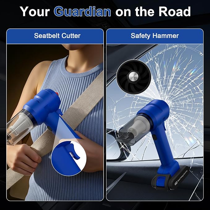 Vinid Handheld Car Vacuum Cleaner, 12000Pa Cordless Wet/Dry Vacuum & Air Blower, with Safety Hammer & Seatbelt Cutter, 80W 6000mAh Battery, HEPA Filter, Type-C Charging for Car Home Emergency, Blue